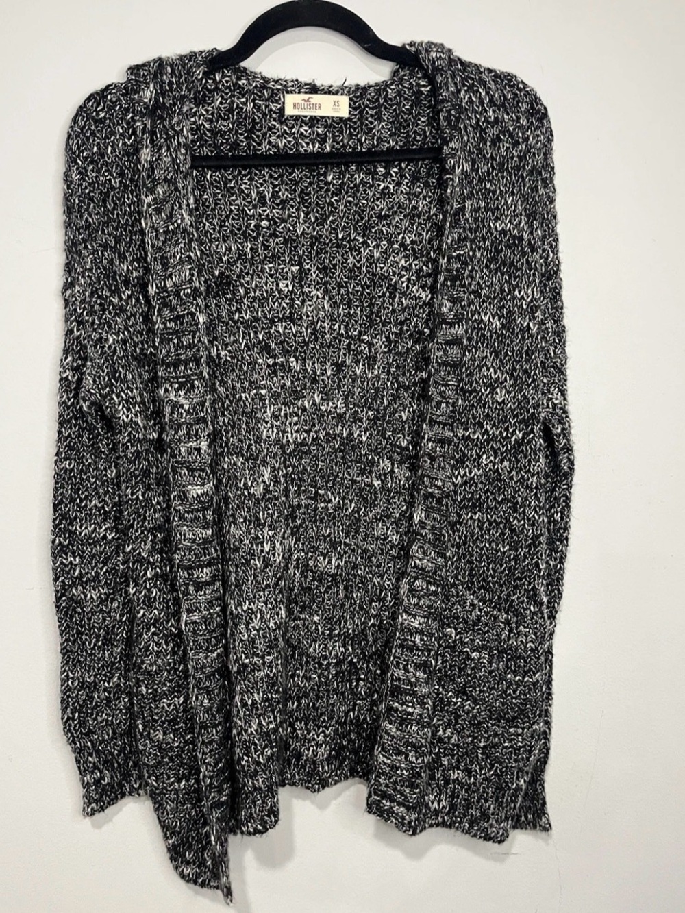 Hollister Women's Black & White Marled Open Knit Cardigan Sweater Hooded Size XS